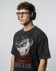 2024 Vintage Dark Anime Print Streetwear T-Shirt model lateral 3/4 — oversized washed cotton t-shirt | Tempus Arc premium anime streetwear