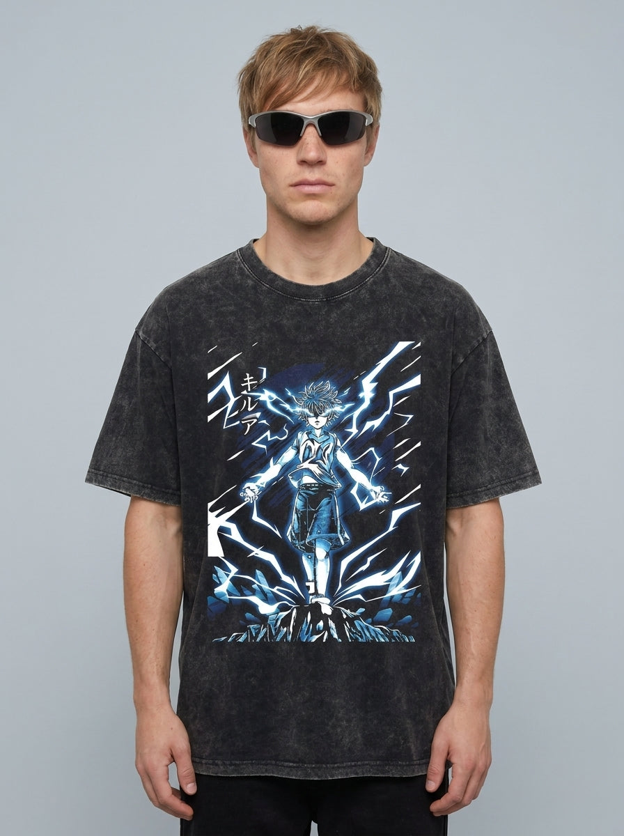 2024 Vintage Dark Anime Print Streetwear T-Shirt model frontal central — washed black t-shirt | Tempus Arc premium anime streetwear
