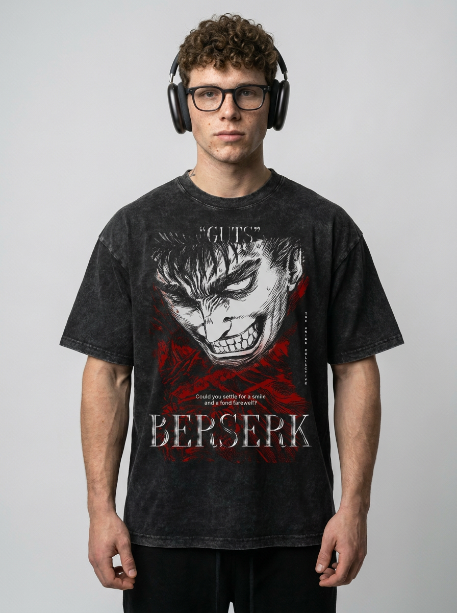 2024 Vintage Dark Anime Print Streetwear T-Shirt model frontal central — washed black t-shirt | Tempus Arc premium anime streetwear