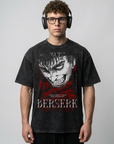 2024 Vintage Dark Anime Print Streetwear T-Shirt model frontal central — washed black t-shirt | Tempus Arc premium anime streetwear