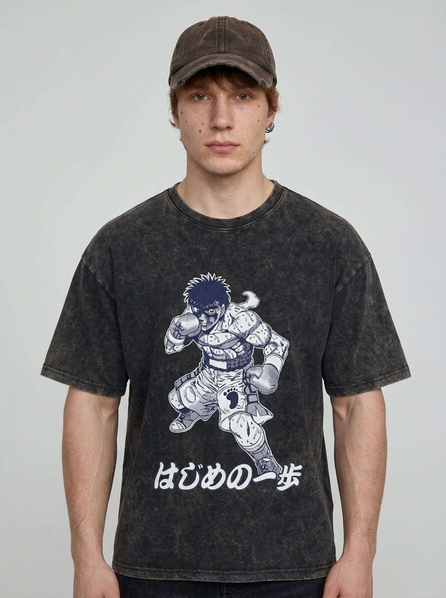 2024 Vintage Dark Anime Print Streetwear T-Shirt model frontal central — washed black t-shirt | Tempus Arc premium anime streetwear