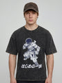 2024 Vintage Dark Anime Print Streetwear T-Shirt model frontal central — washed black t-shirt | Tempus Arc premium anime streetwear