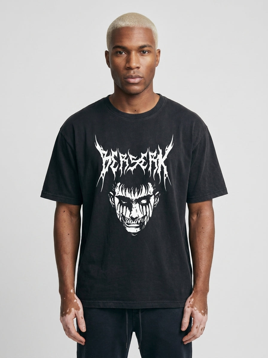 2024 Vintage Dark Anime Print Streetwear T-Shirt model frontal central — washed black t-shirt | Tempus Arc premium anime streetwear