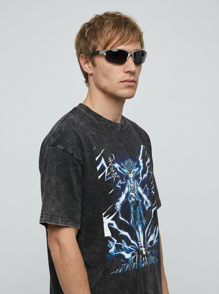 2024 Vintage Dark Anime Print Streetwear T-Shirt model lateral 3/4 — oversized washed cotton t-shirt | Tempus Arc premium anime streetwear
