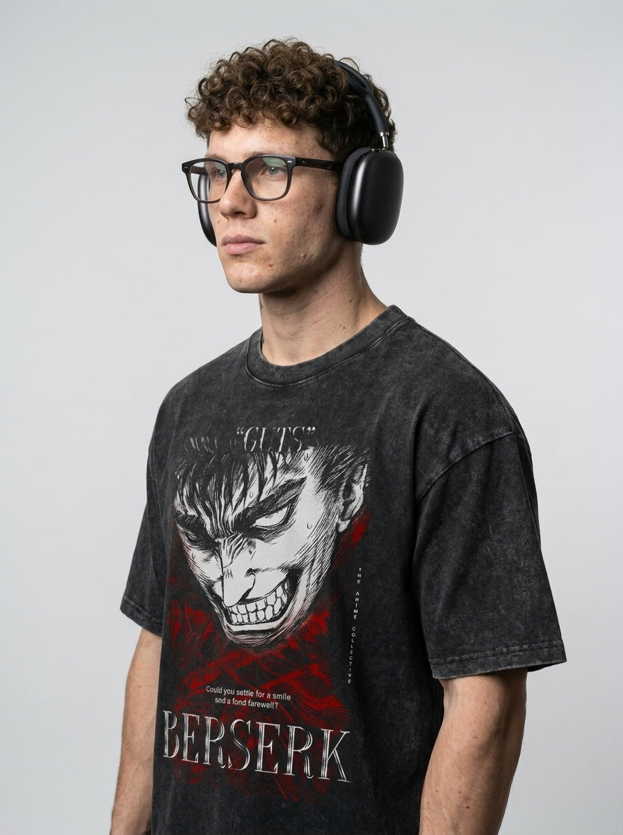 2024 Vintage Dark Anime Print Streetwear T-Shirt model lateral 3/4 — oversized washed cotton t-shirt | Tempus Arc premium anime streetwear