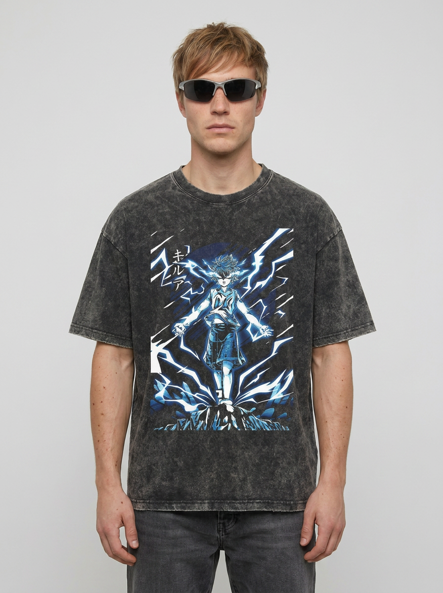 2024 Vintage Dark Anime Print Streetwear T-Shirt full body model — oversized boxed t-shirt | Tempus Arc premium anime streetwear