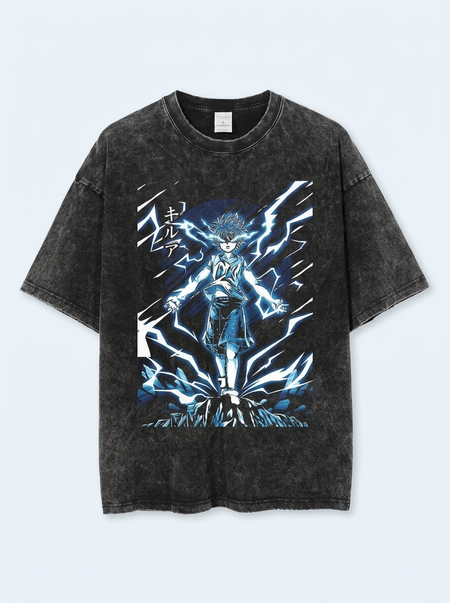 2024 Vintage Dark Anime Print Streetwear T-Shirt flat lay front view — washed black oversized t-shirt | Tempus Arc premium anime streetwear
