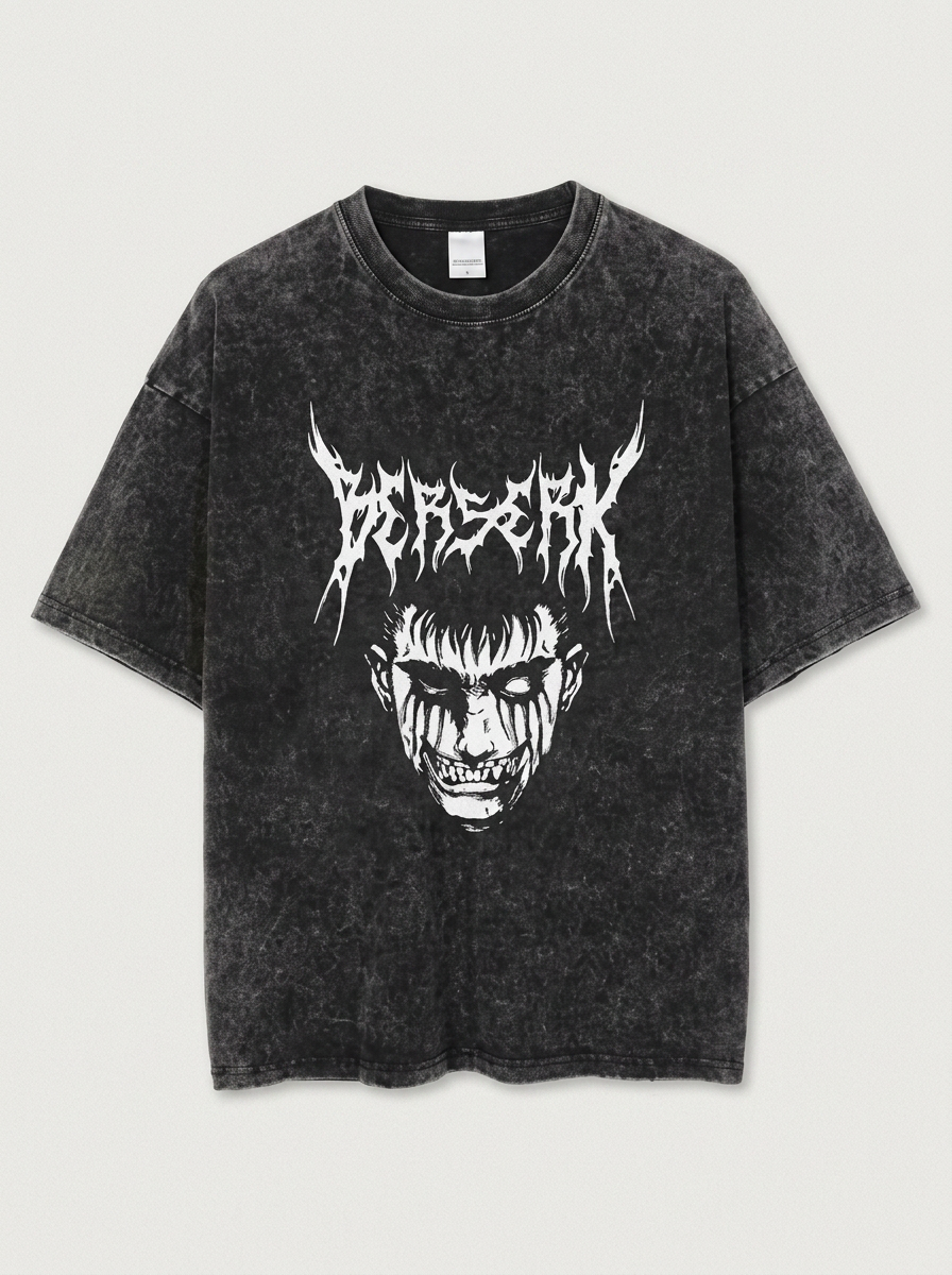 2024 Vintage Dark Anime Print Streetwear T-Shirt flat lay front view — washed black oversized t-shirt | Tempus Arc premium anime streetwear