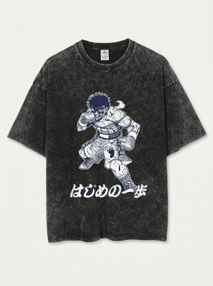 2024 Vintage Dark Anime Print Streetwear T-Shirt flat lay front view — washed black oversized t-shirt | Tempus Arc premium anime streetwear