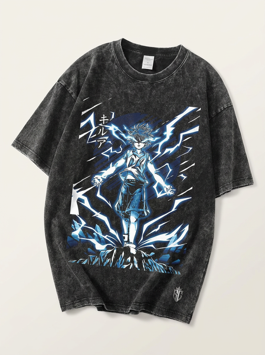 2024 Vintage Dark Anime Print Streetwear T-Shirt angle perspective shot — washed cotton t-shirt | Tempus Arc premium anime streetwear