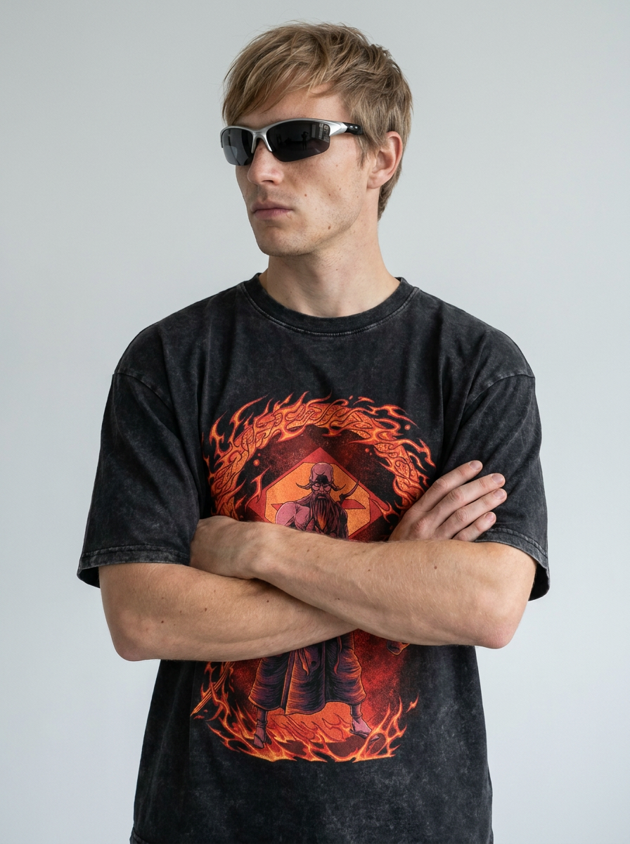 280g Vintage Anime Oversized Cotton T-Shirt on model arms crossed — washed black t-shirt | Tempus Arc premium anime streetwear