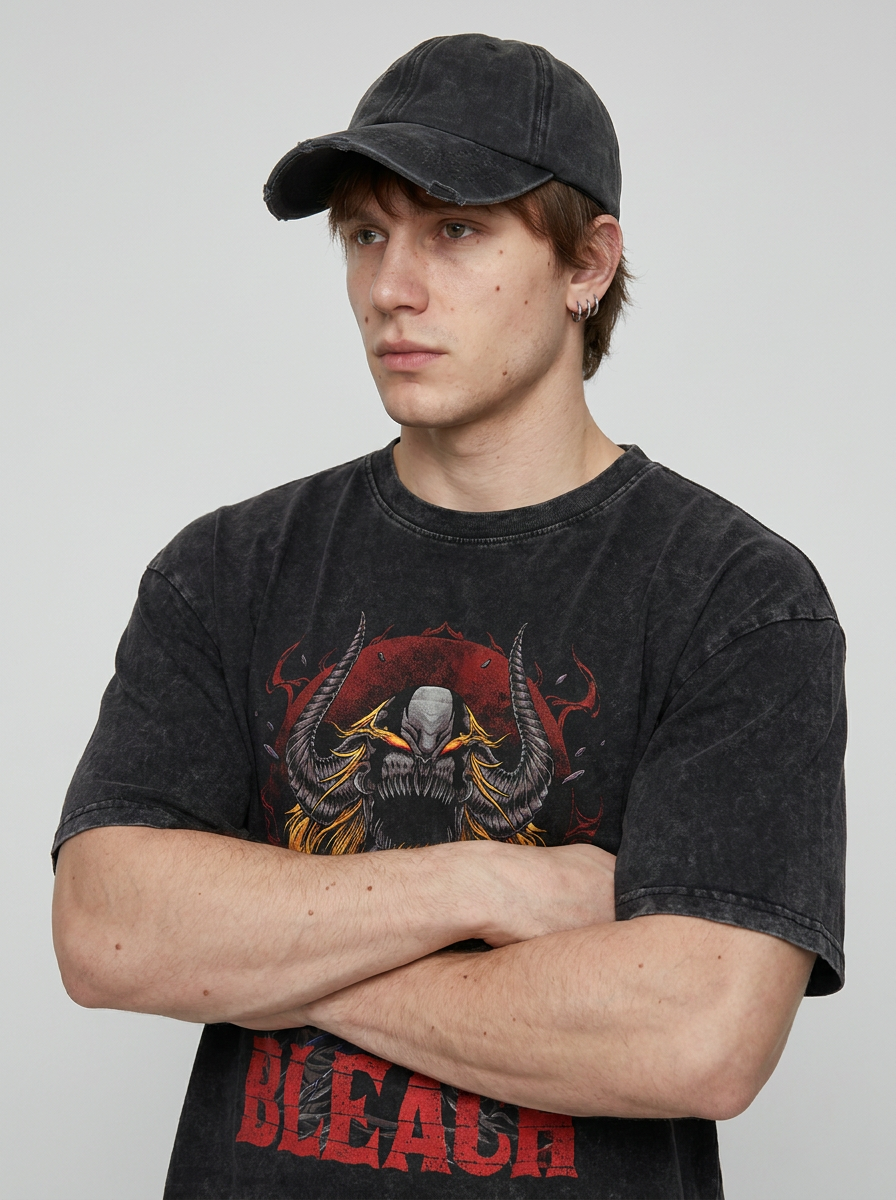 280g Vintage Anime Oversized Cotton T-Shirt on model arms crossed — washed black t-shirt | Tempus Arc premium anime streetwear