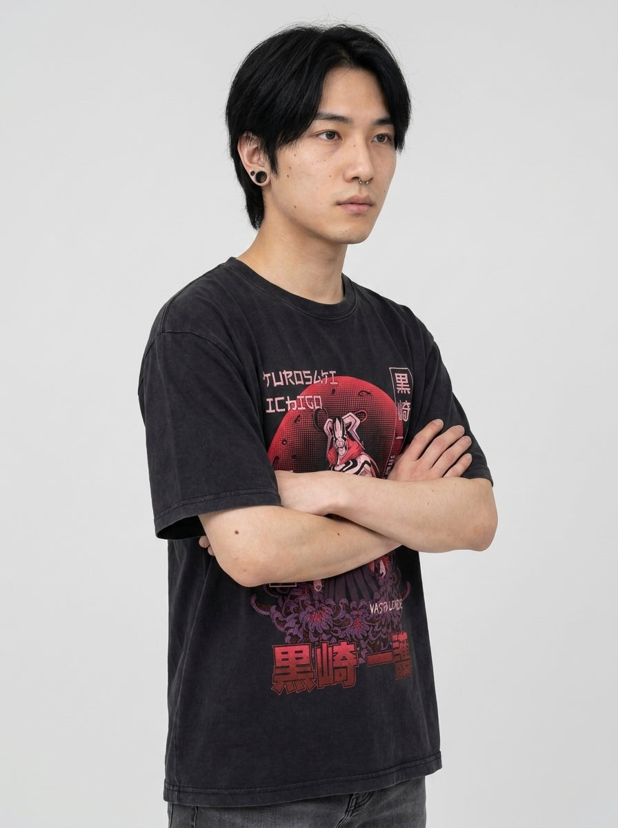 280g Vintage Anime Oversized Cotton T-Shirt on model arms crossed — washed black t-shirt | Tempus Arc premium anime streetwear