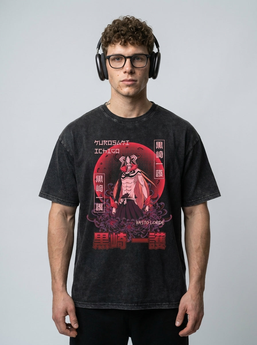 280g Vintage Anime Oversized Cotton T-Shirt model frontal central — washed black t-shirt | Tempus Arc premium anime streetwear