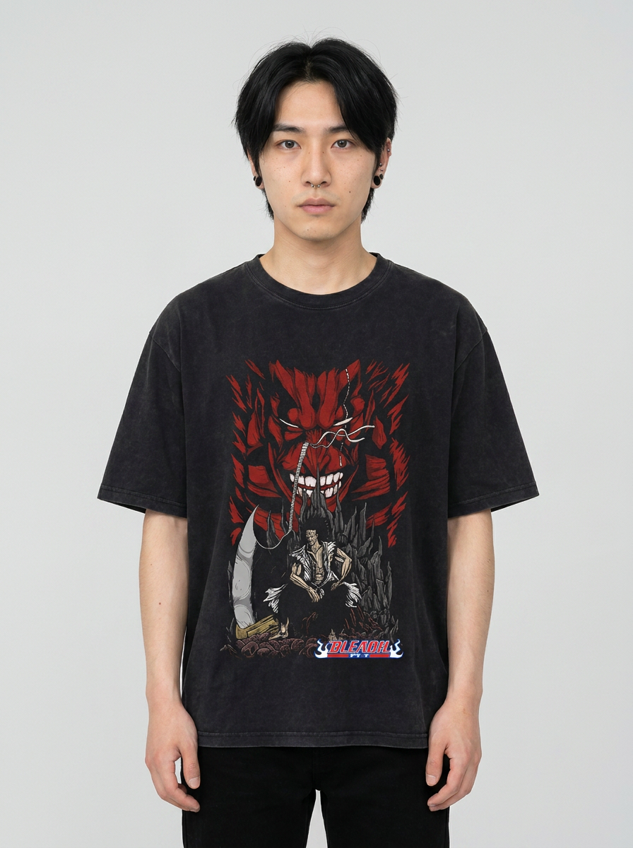 280g Vintage Anime Oversized Cotton T-Shirt model frontal central — washed black t-shirt | Tempus Arc premium anime streetwear