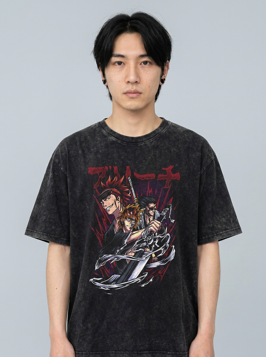 280g Vintage Anime Oversized Cotton T-Shirt model frontal central — washed black t-shirt | Tempus Arc premium anime streetwear