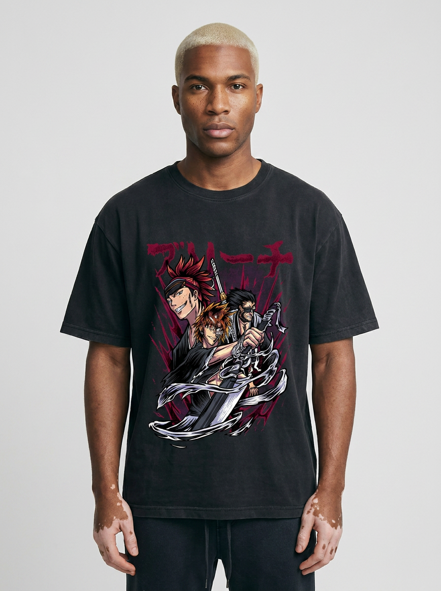 280g Vintage Anime Oversized Cotton T-Shirt model frontal central — washed black t-shirt | Tempus Arc premium anime streetwear