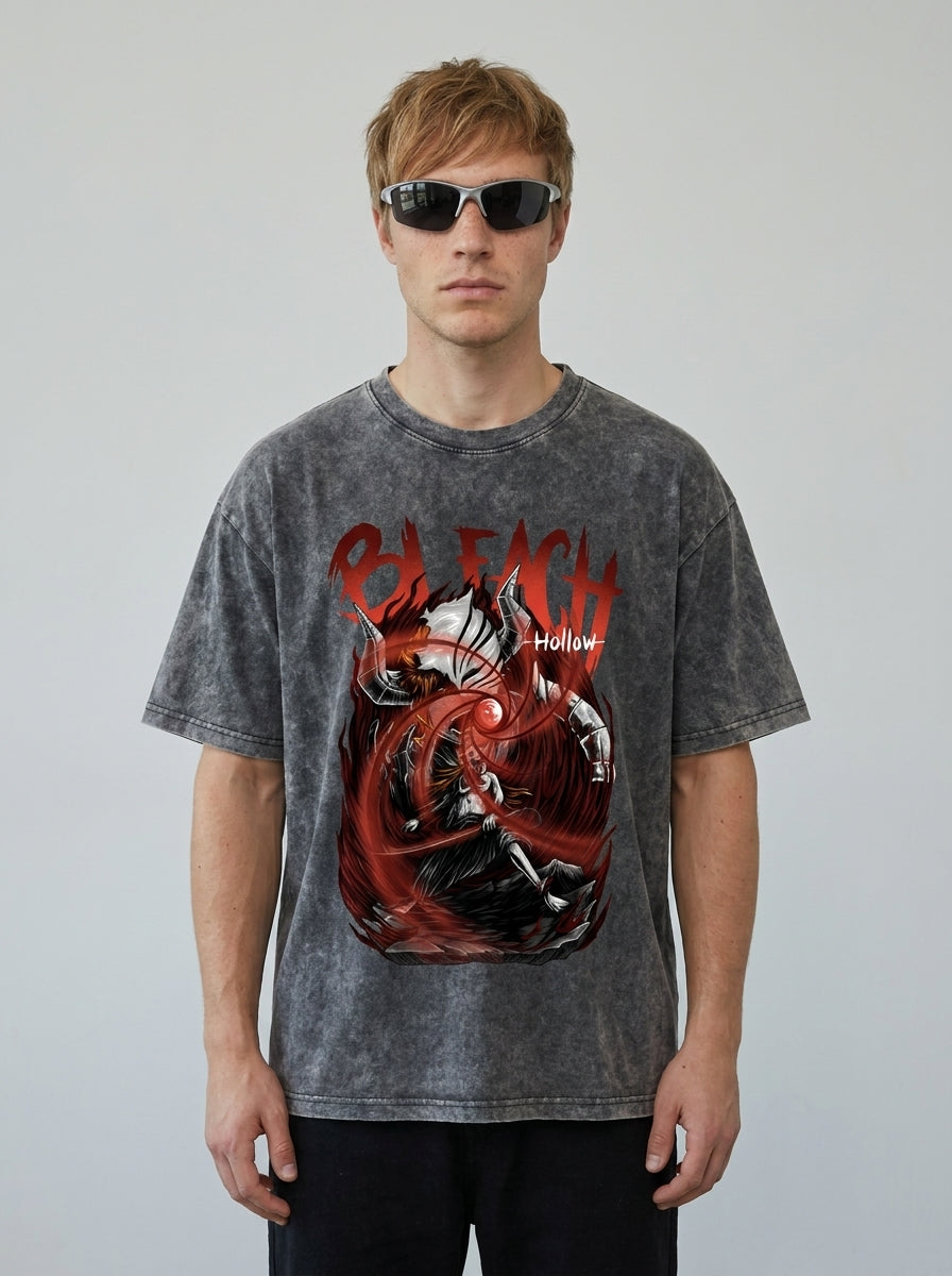 280g Vintage Anime Oversized Cotton T-Shirt model frontal central — washed black t-shirt | Tempus Arc premium anime streetwear