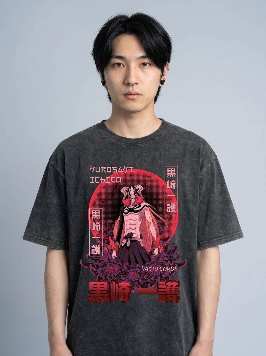 280g Vintage Anime Oversized Cotton T-Shirt model frontal central — washed black t-shirt | Tempus Arc premium anime streetwear