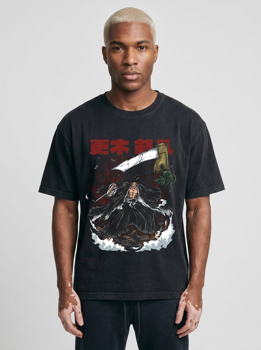 280g Vintage Anime Oversized Cotton T-Shirt model frontal central — washed black t-shirt | Tempus Arc premium anime streetwear