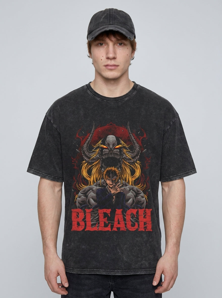 280g Vintage Anime Oversized Cotton T-Shirt model frontal central — washed black t-shirt | Tempus Arc premium anime streetwear