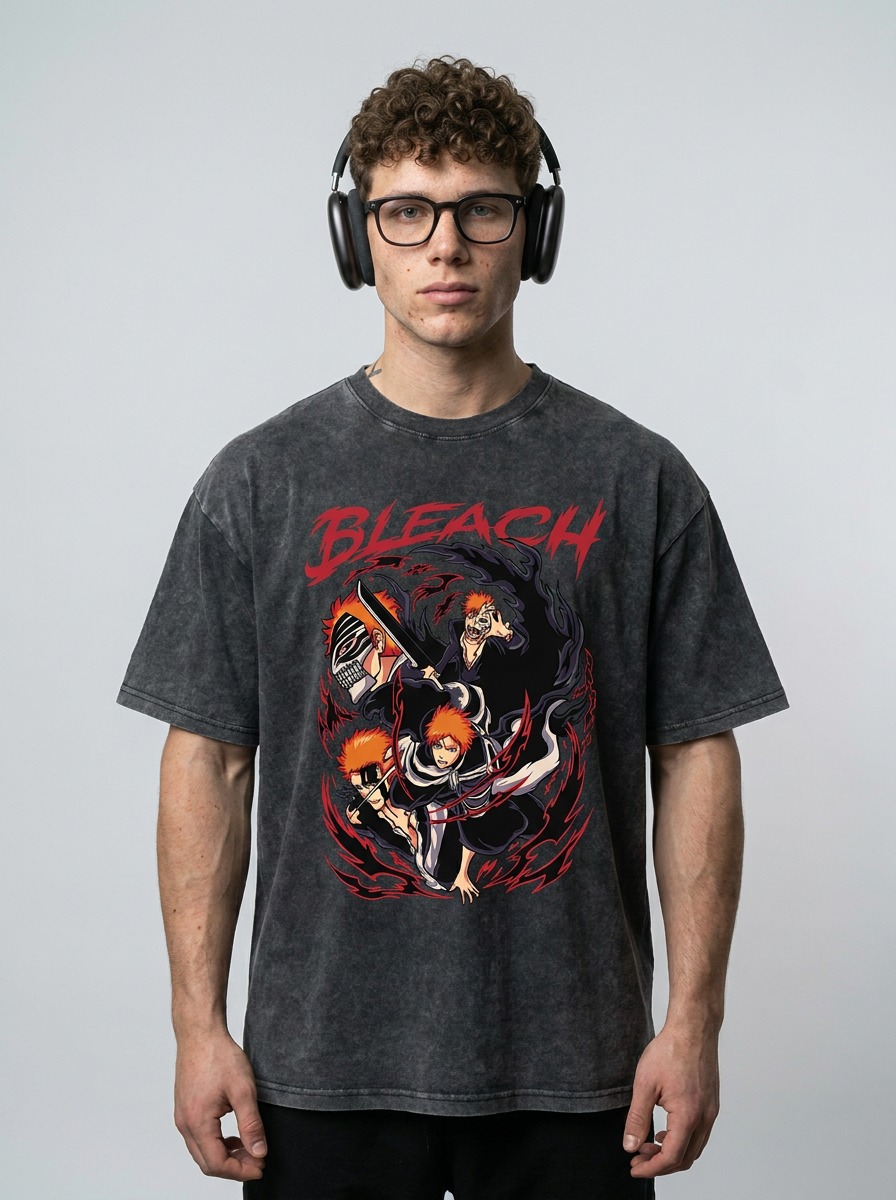 280g Vintage Anime Oversized Cotton T-Shirt model frontal central — washed black t-shirt | Tempus Arc premium anime streetwear