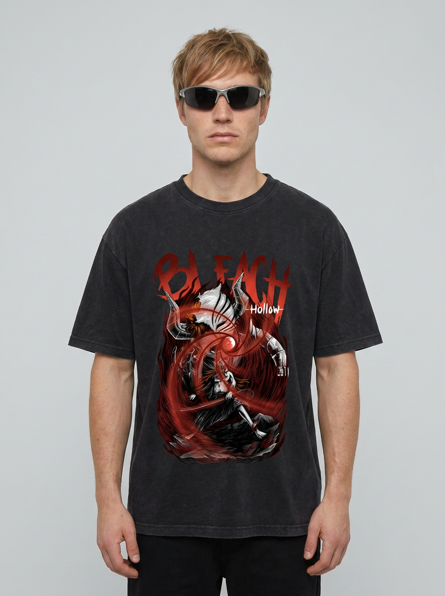 280g Vintage Anime Oversized Cotton T-Shirt model frontal central — washed black t-shirt | Tempus Arc premium anime streetwear