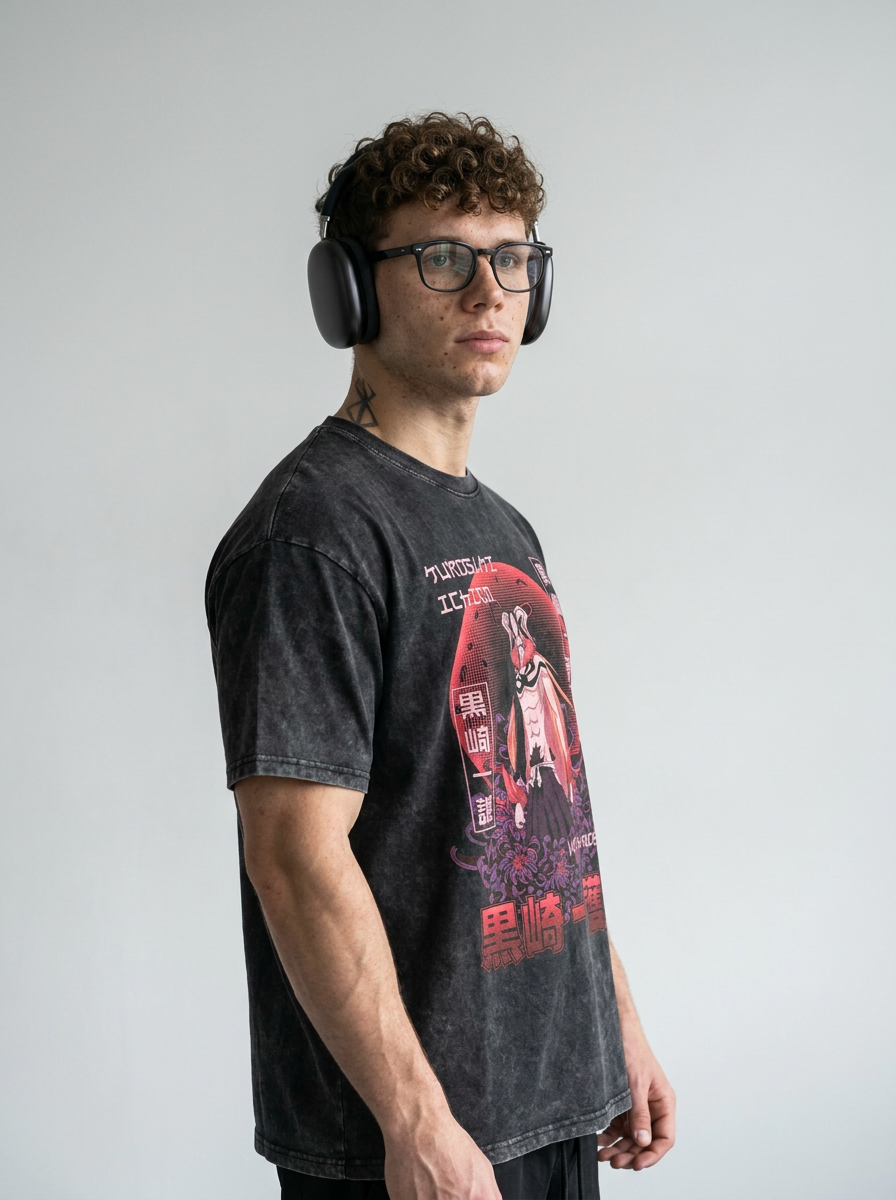 280g Vintage Anime Oversized Cotton T-Shirt model lateral 3/4 — oversized washed cotton t-shirt | Tempus Arc premium anime streetwear
