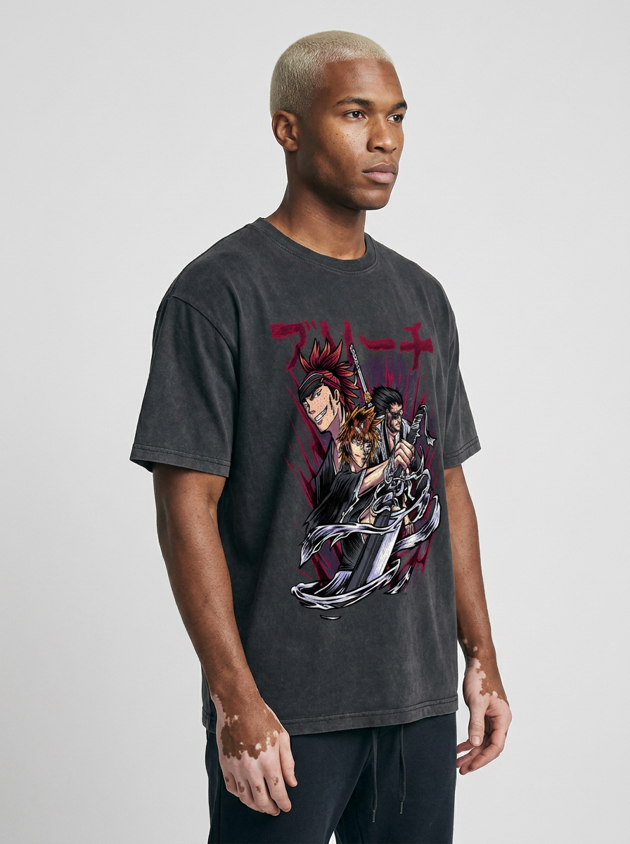 280g Vintage Anime Oversized Cotton T-Shirt model lateral 3/4 — oversized washed cotton t-shirt | Tempus Arc premium anime streetwear