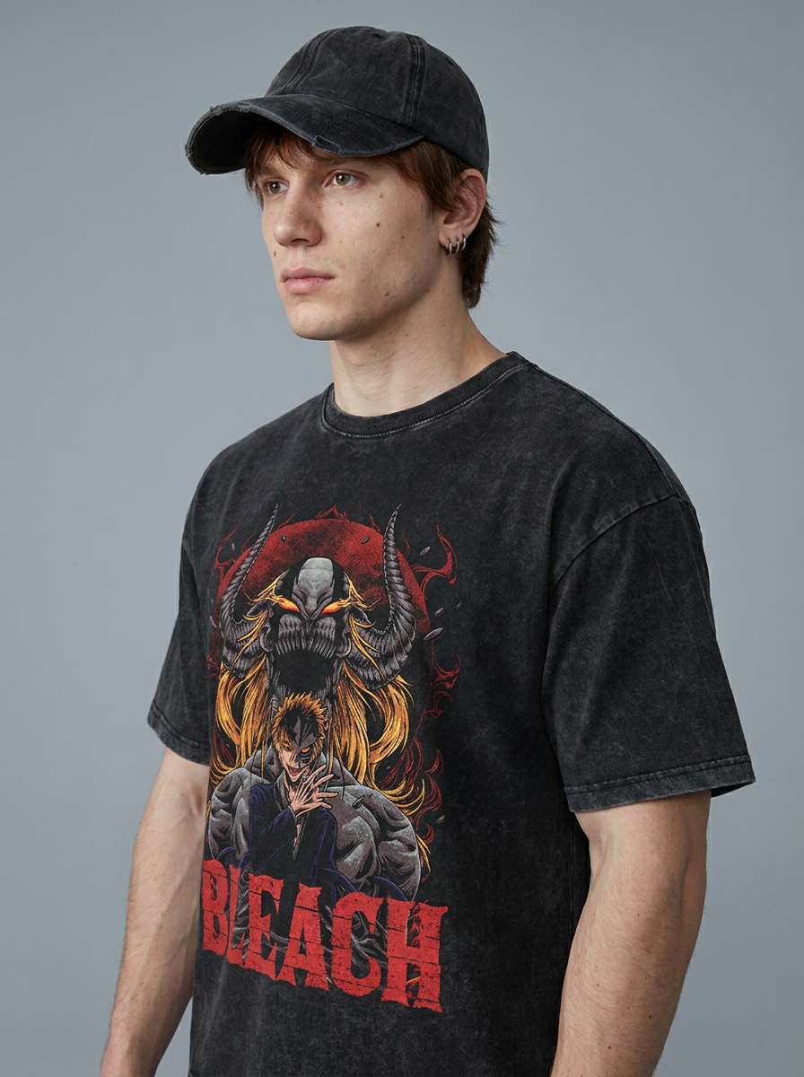 280g Vintage Anime Oversized Cotton T-Shirt model lateral 3/4 — oversized washed cotton t-shirt | Tempus Arc premium anime streetwear