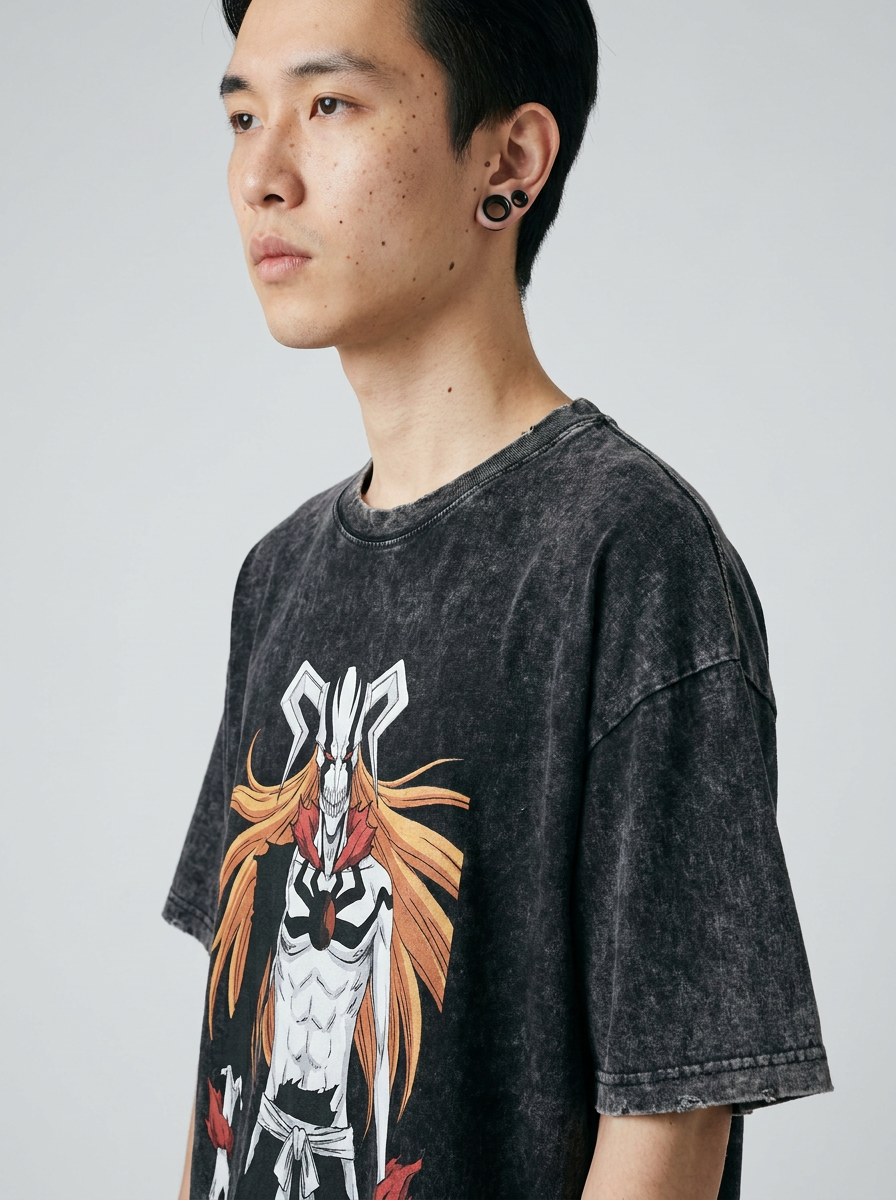 280g Vintage Anime Oversized Cotton T-Shirt model lateral 3/4 — oversized washed cotton t-shirt | Tempus Arc premium anime streetwear