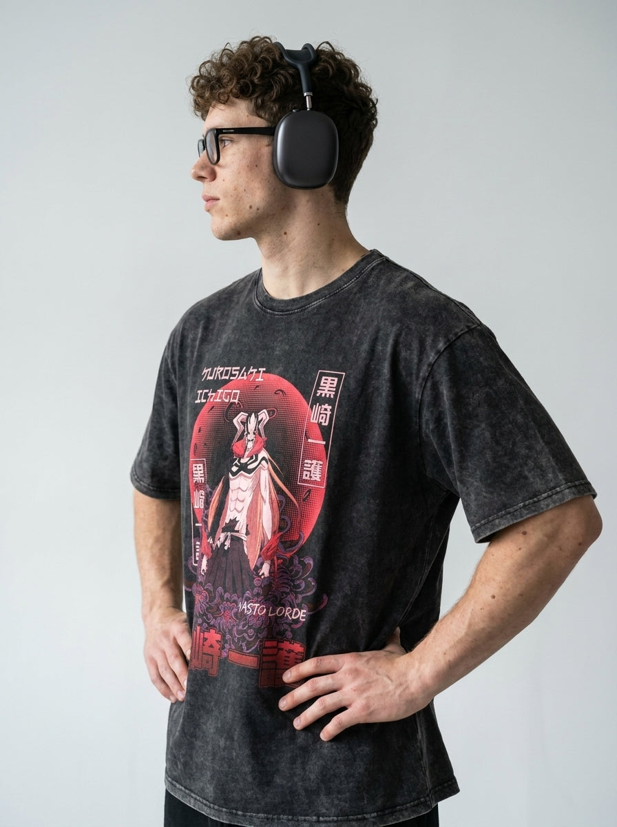 280g Vintage Anime Oversized Cotton T-Shirt model side profile athletic — washed cotton t-shirt | Tempus Arc premium anime streetwear