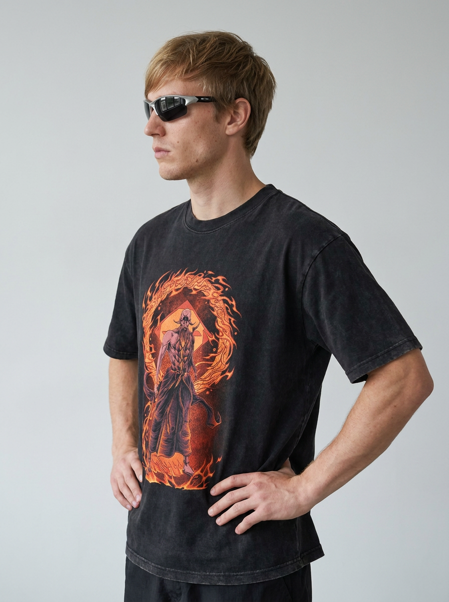 280g Vintage Anime Oversized Cotton T-Shirt model side profile athletic — washed cotton t-shirt | Tempus Arc premium anime streetwear