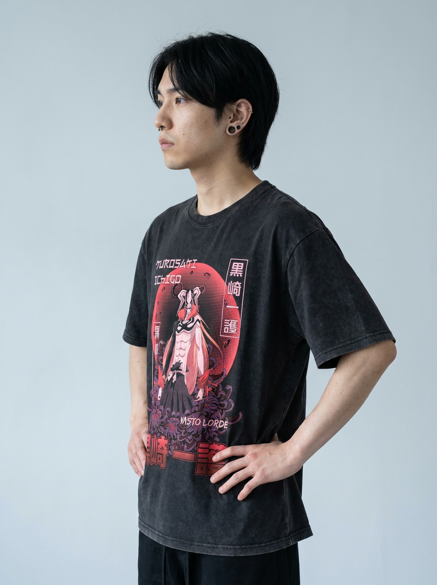 280g Vintage Anime Oversized Cotton T-Shirt model side profile athletic — washed cotton t-shirt | Tempus Arc premium anime streetwear