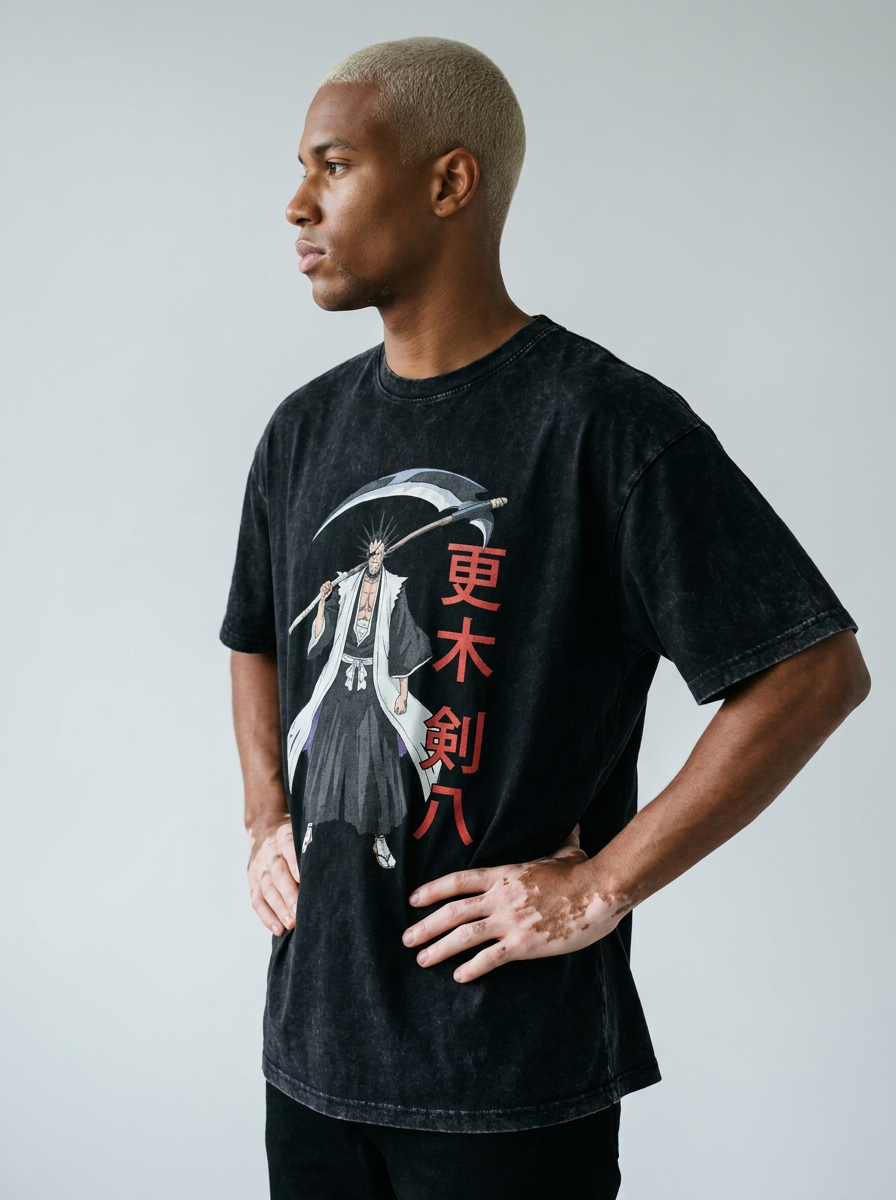 280g Vintage Anime Oversized Cotton T-Shirt model side profile athletic — washed cotton t-shirt | Tempus Arc premium anime streetwear
