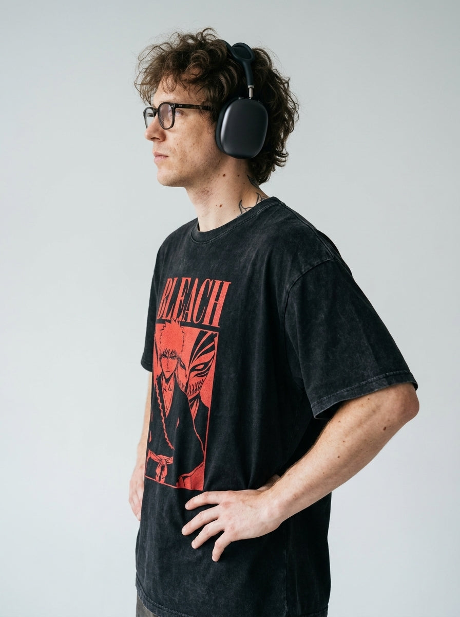 280g Vintage Anime Oversized Cotton T-Shirt model side profile athletic — washed cotton t-shirt | Tempus Arc premium anime streetwear