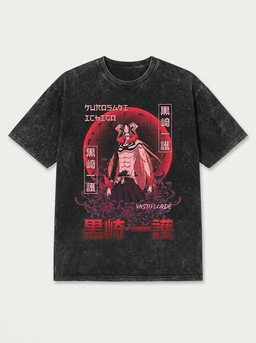 280g Vintage Anime Oversized Cotton T-Shirt flat lay front view — washed black oversized t-shirt | Tempus Arc premium anime streetwear