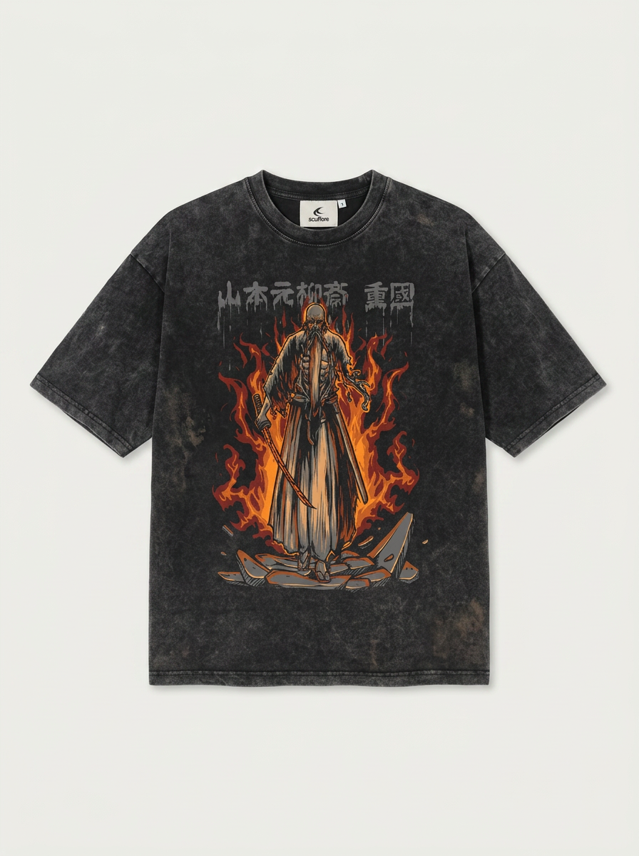 280g Vintage Anime Oversized Cotton T-Shirt flat lay front view — washed black oversized t-shirt | Tempus Arc premium anime streetwear
