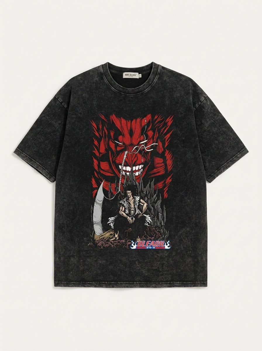 280g Vintage Anime Oversized Cotton T-Shirt flat lay front view — washed black oversized t-shirt | Tempus Arc premium anime streetwear