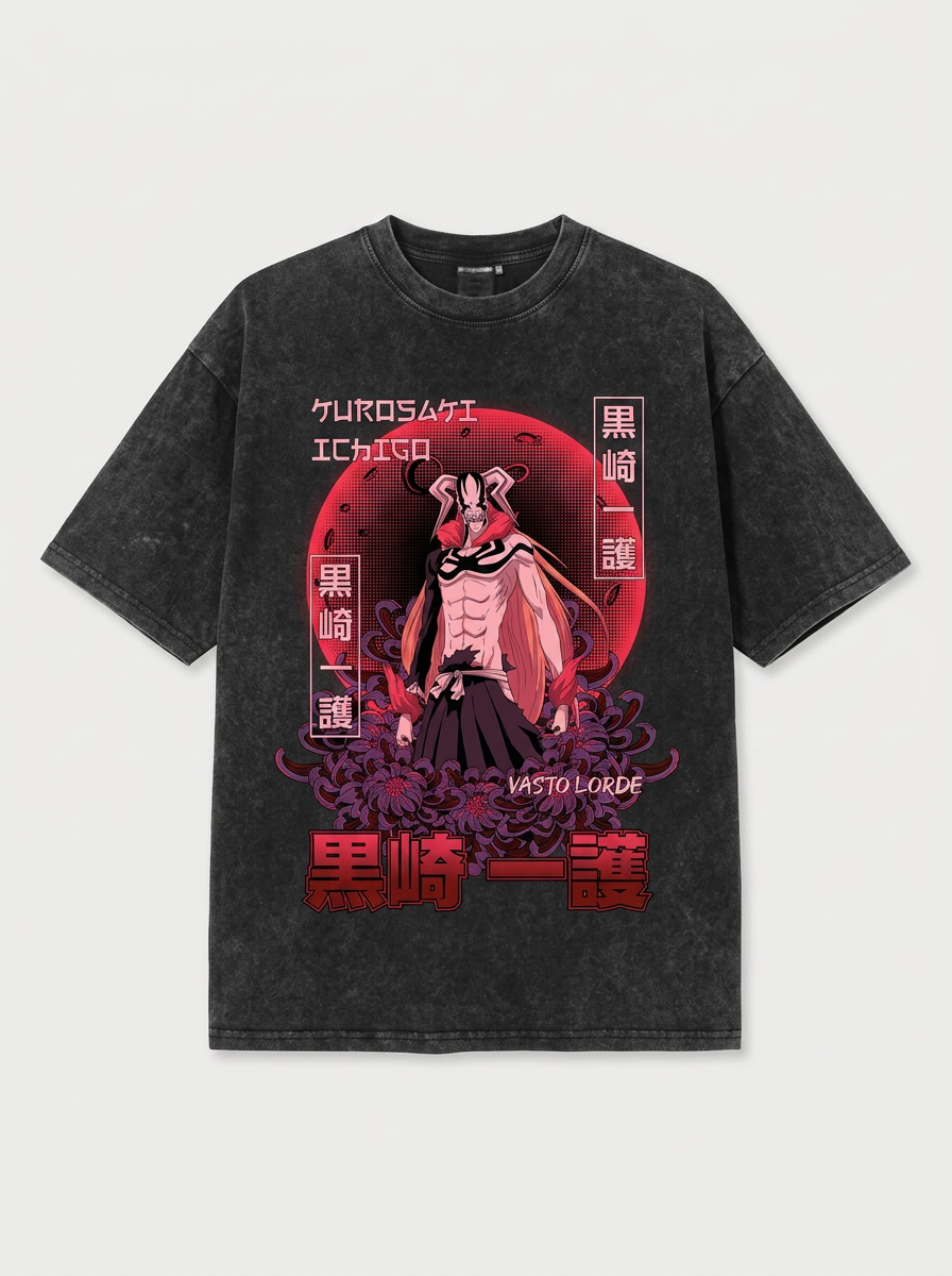 280g Vintage Anime Oversized Cotton T-Shirt flat lay front view — washed black oversized t-shirt | Tempus Arc premium anime streetwear