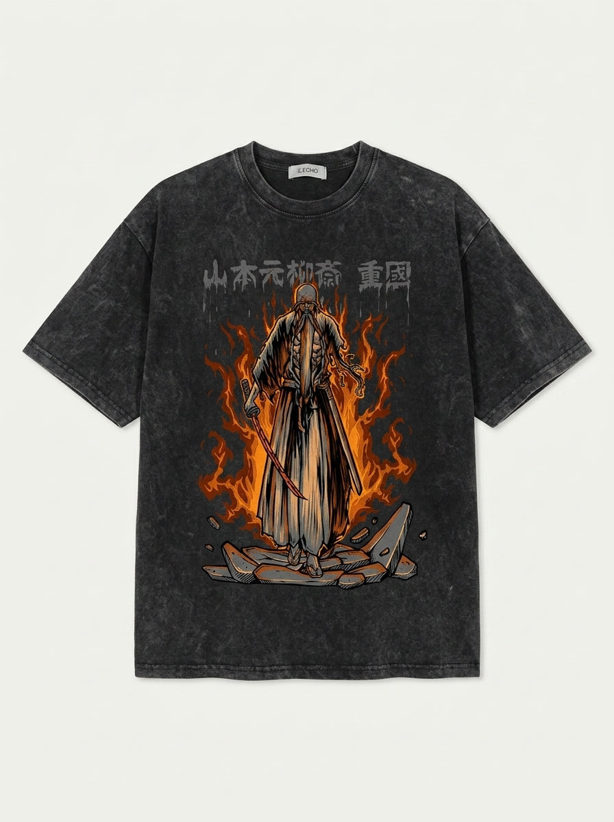 280g Vintage Anime Oversized Cotton T-Shirt flat lay front view — washed black oversized t-shirt | Tempus Arc premium anime streetwear