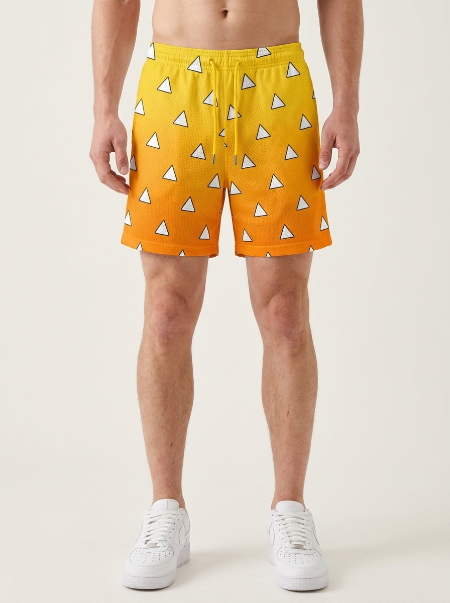 Anime Print Men's Beach Shorts - 12T2N4EI3 on model legs — Scuffers style premium shorts | Tempus Arc anime streetwear
