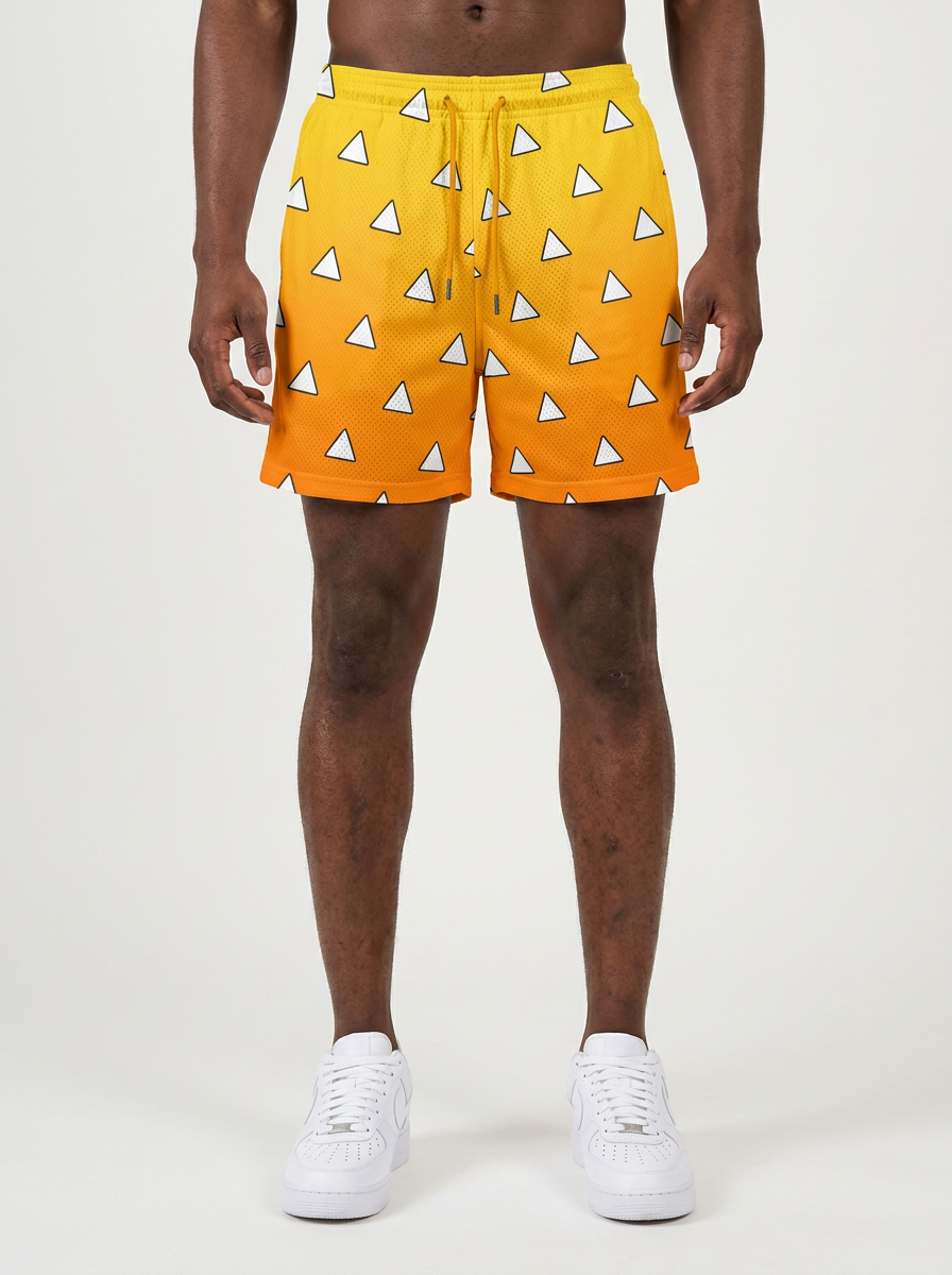 Anime Print Men's Beach Shorts - 12T2N4EI3 on model legs — Scuffers style premium shorts | Tempus Arc anime streetwear