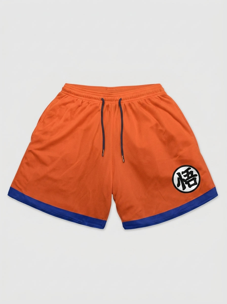Anime Print Men's Beach Shorts - 8B10L0GS1 flat lay product mockup — premium catalog | Tempus Arc anime streetwear shorts
