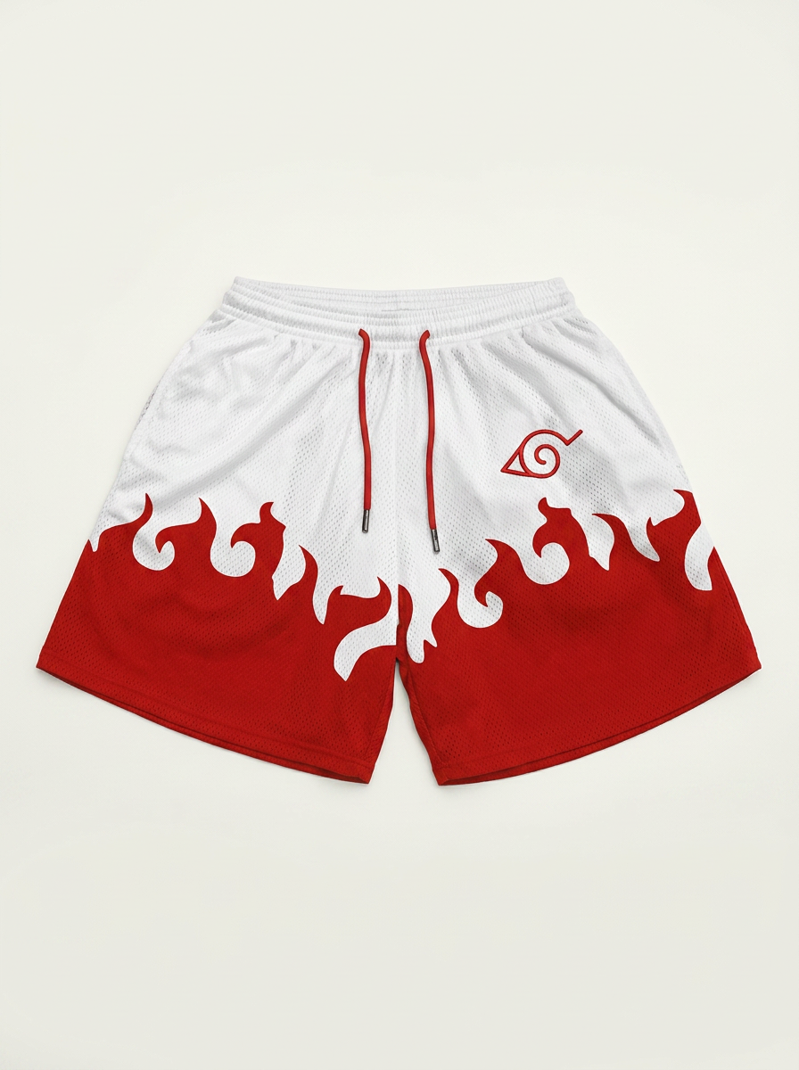 Anime Print Men's Beach Shorts - KBEUYOHTU flat lay product mockup — premium catalog | Tempus Arc anime streetwear shorts