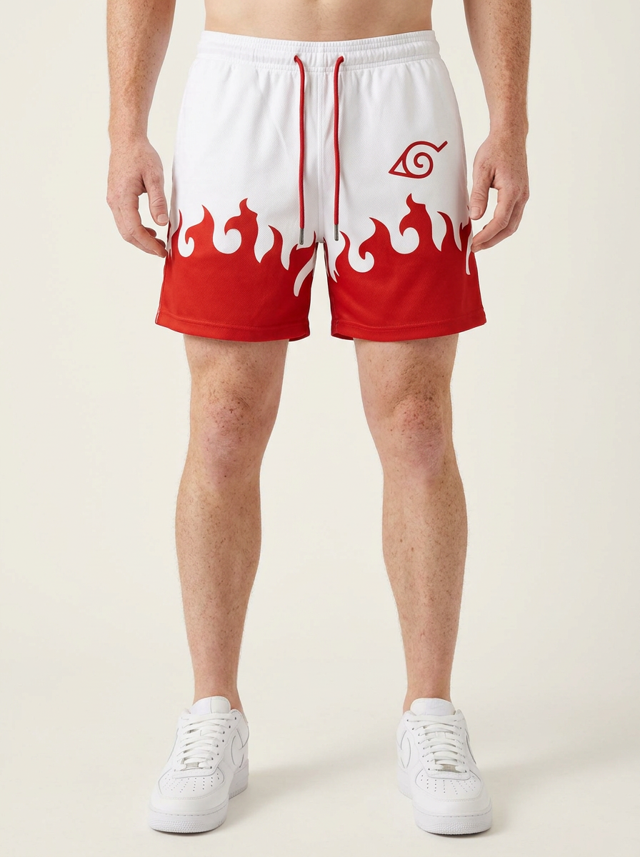 Anime Print Men's Beach Shorts - KBEUYOHTU on model legs — Scuffers style premium shorts | Tempus Arc anime streetwear