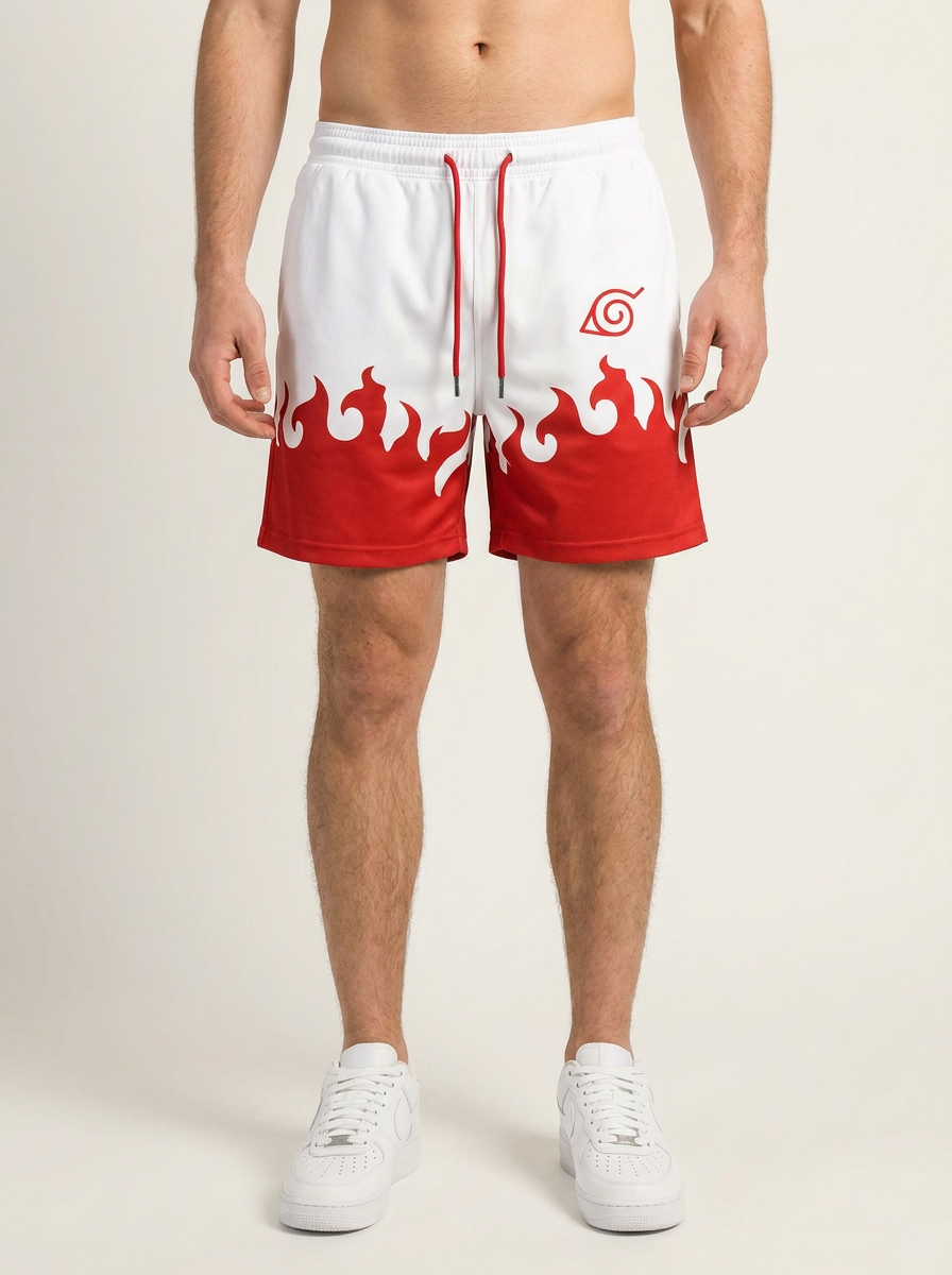 Anime Print Men's Beach Shorts - KBEUYOHTU on model legs — Scuffers style premium shorts | Tempus Arc anime streetwear
