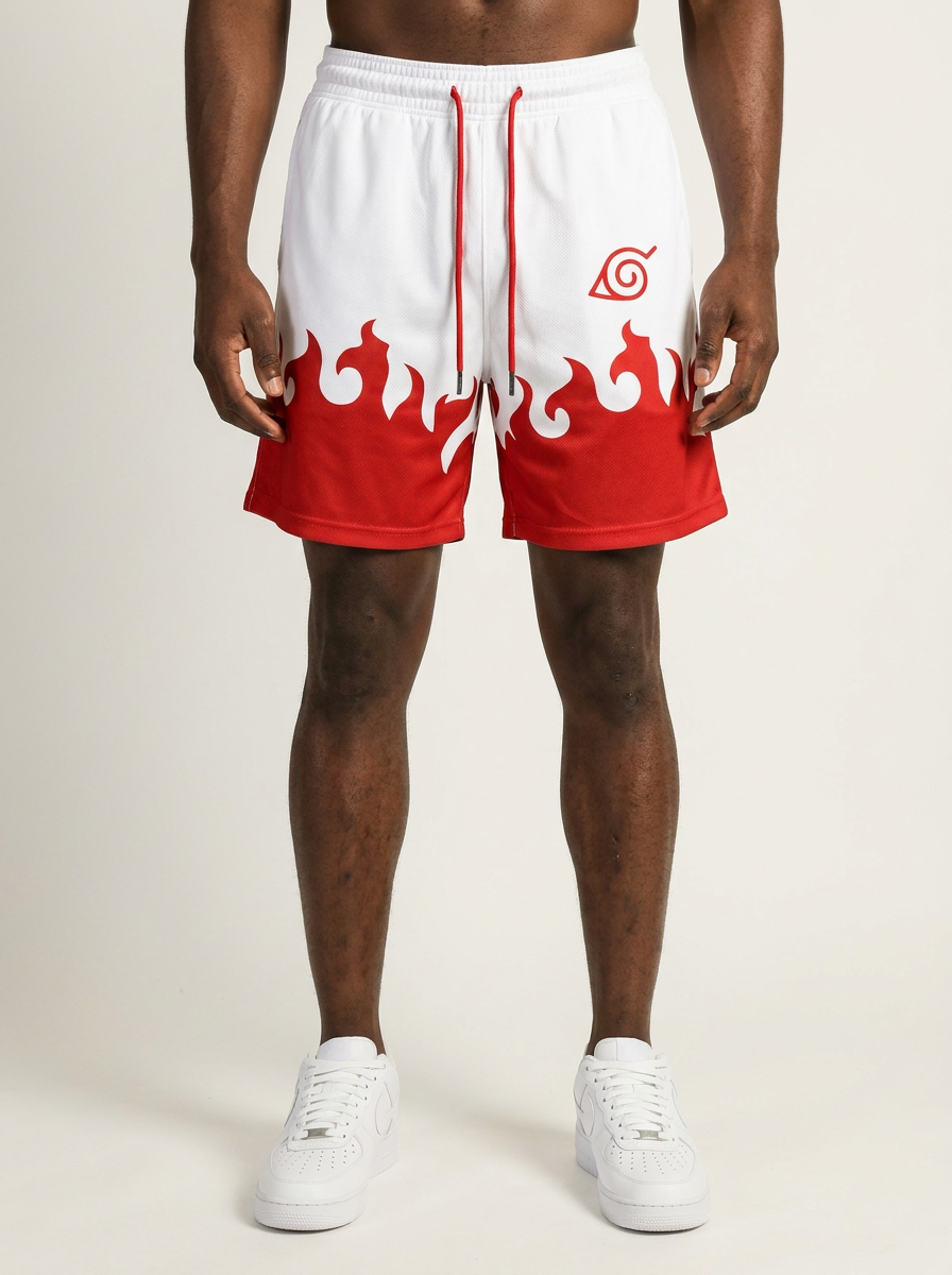 Anime Print Men's Beach Shorts - KBEUYOHTU on model legs — Scuffers style premium shorts | Tempus Arc anime streetwear