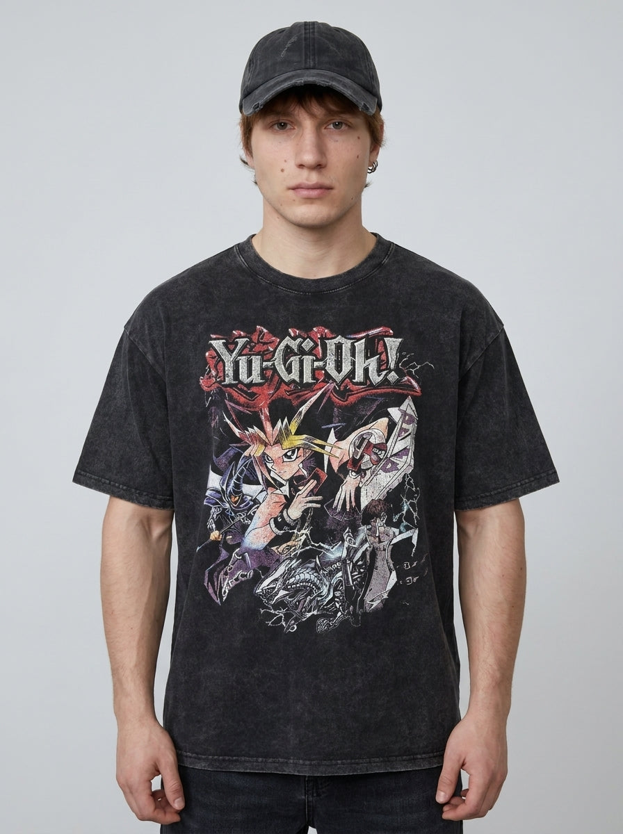 Anime Washable T-Shirt Collection model frontal central — washed black t-shirt | Tempus Arc premium anime streetwear