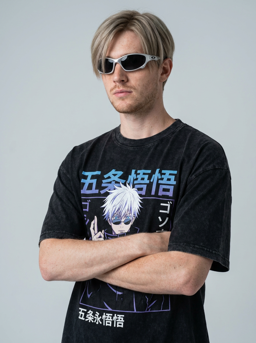 Anime Washable T-Shirt Collection on model arms crossed — washed black t-shirt | Tempus Arc premium anime streetwear